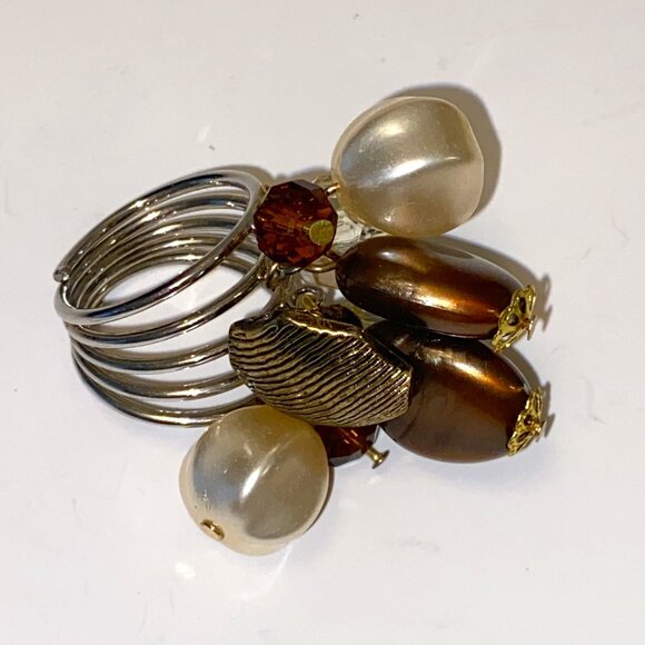 Vintage Beaded Statement Ring Golden Brown White Clear Prom Wedding - Picture 6 of 6